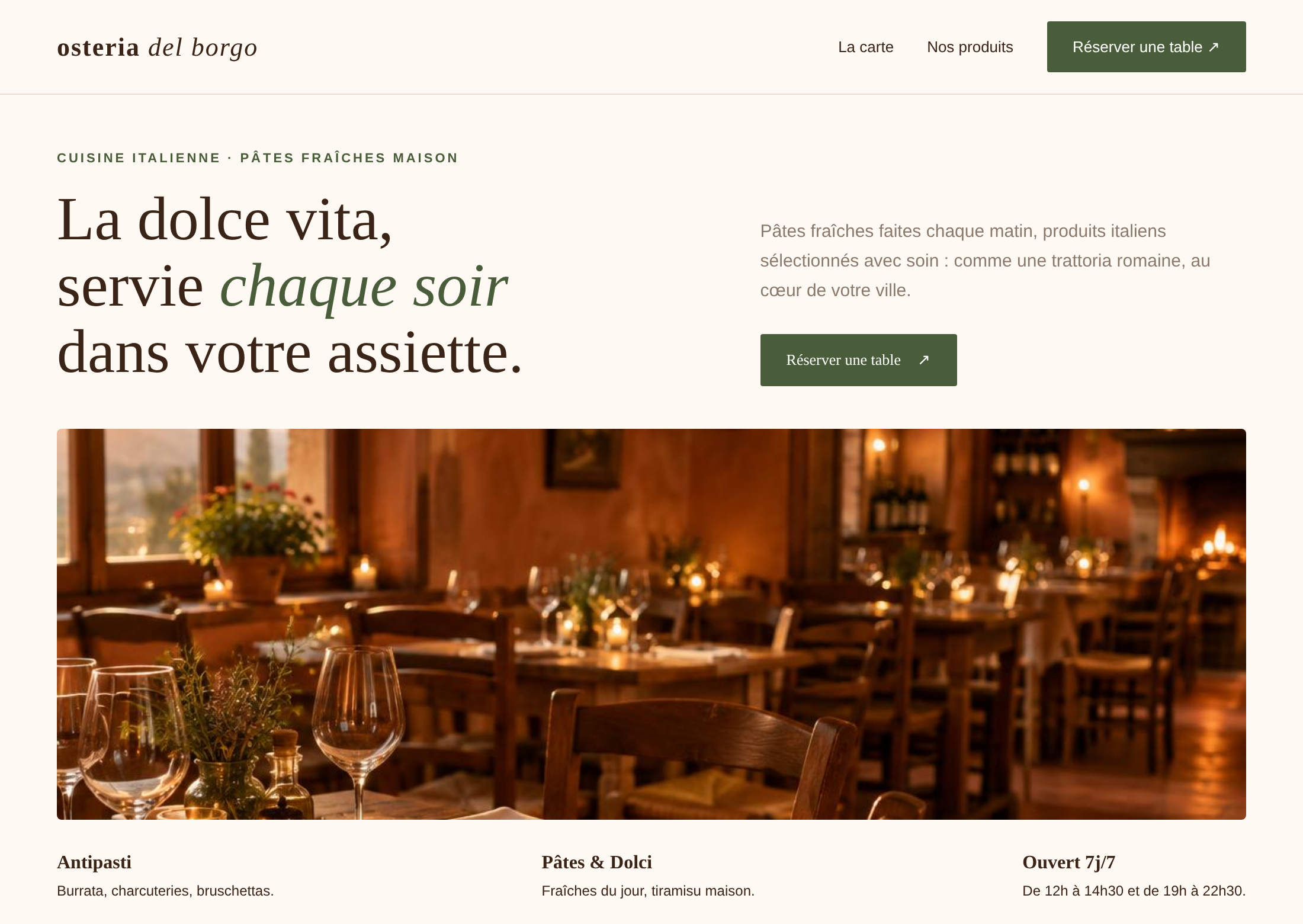Exemple fictif de site vitrine : un restaurant italien avec une offre claire et un bouton de réservation