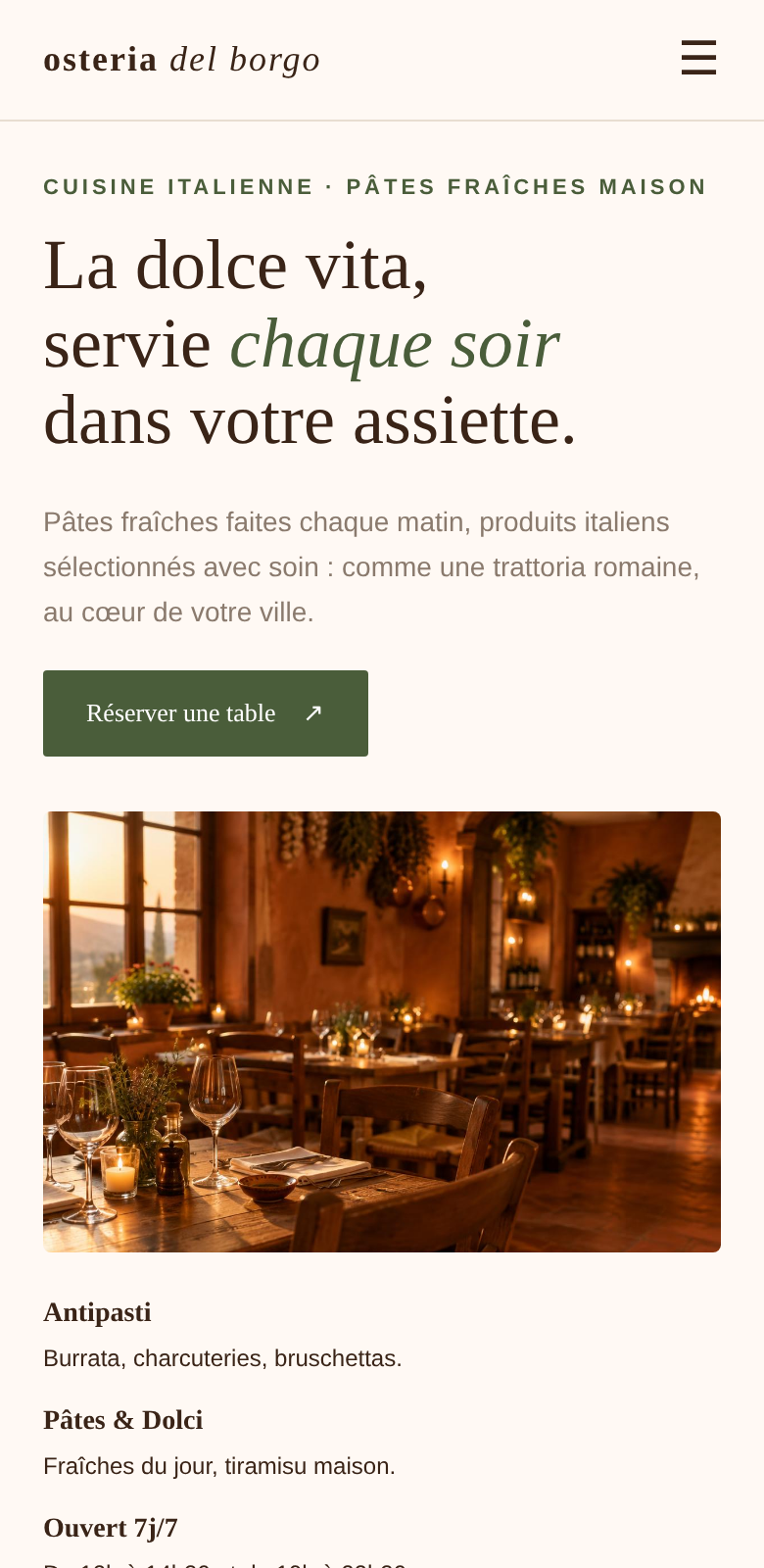 Le même exemple de restaurant adapté au téléphone